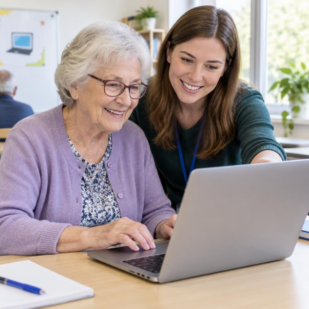 Senior woman learning to use a laptop with a teacher
