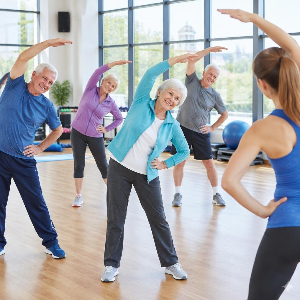 Seniors doing gentle gym exercises in a bright room